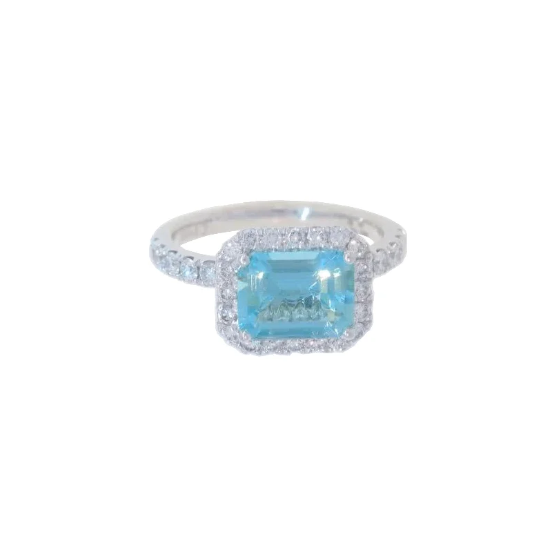 big statement rings for women -East-West Aquamarine and Diamond Halo Ring