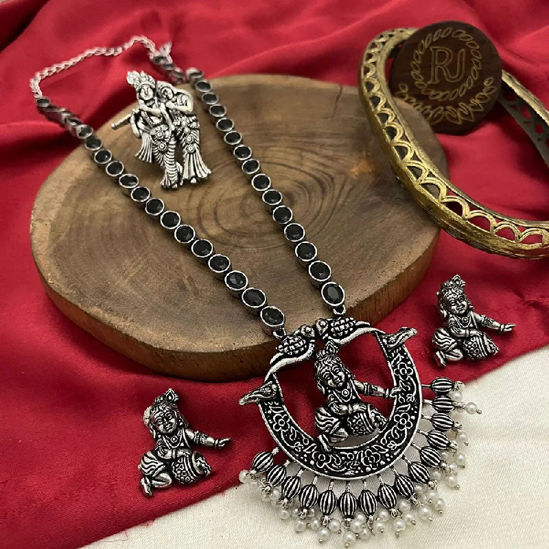 charm necklaces for women -FS Collection Oxidised Plated Pota Stone Temple Long Necklace Set