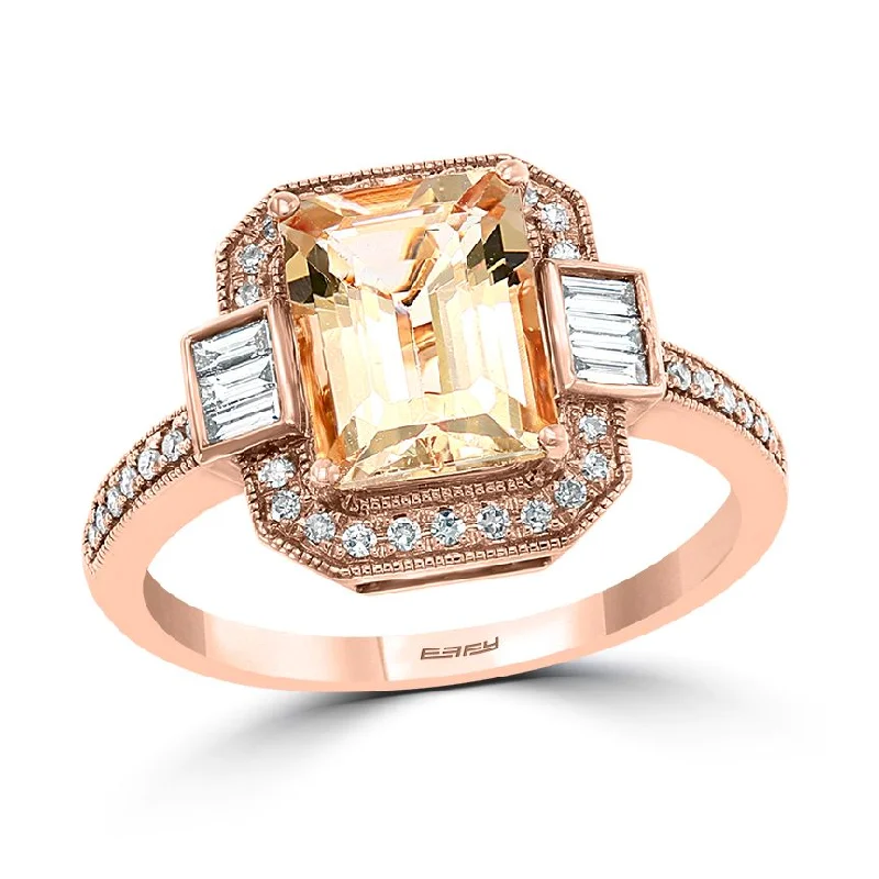 EFFY 9X7MM Emerald Shape Morganite and Diamond Gem Stone Engagement Halo Ring in 14KT Rose Gold