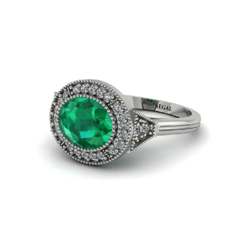 Oval Cut Emerald Milgrain Halo Engagement Ring - Alexandria No. 6