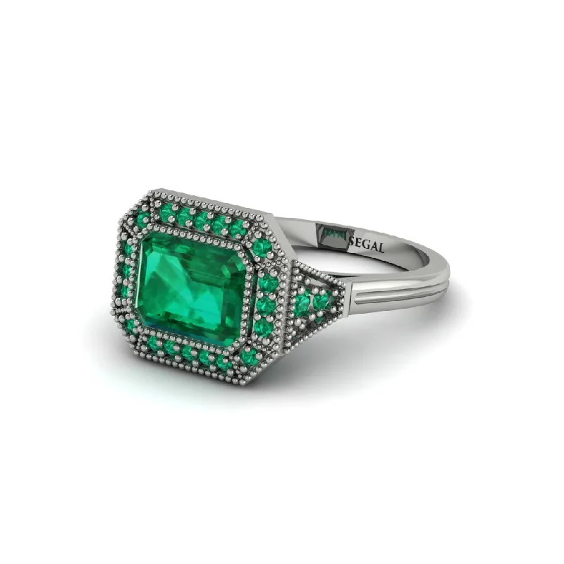 Emerald Cut Emerald Milgrain Halo Engagement Ring - Juniper No. 21