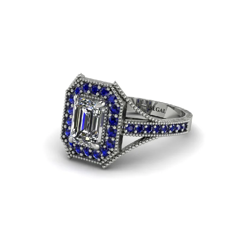 Emerald Cut Sapphire Milgrain Halo Engagement Ring - Xanthe No. 63