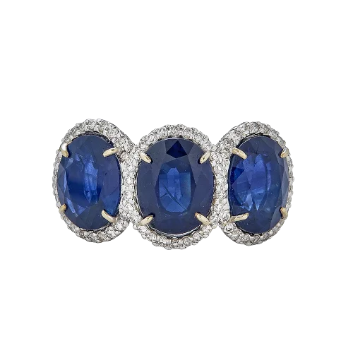 birthstone rings for women -18k White Gold Three Oval Sapphire Diamond Ring