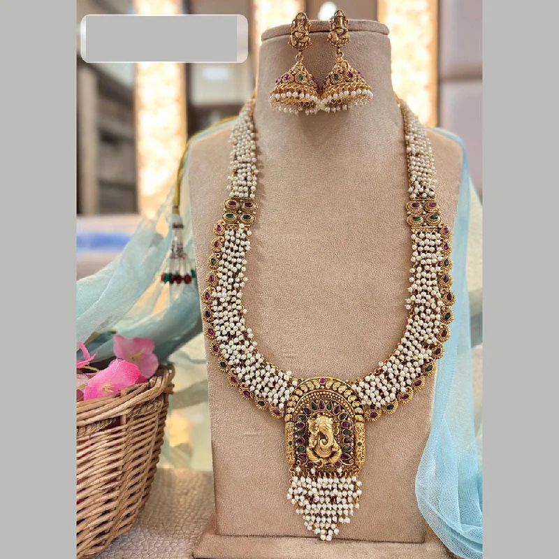 trendy necklaces for women -Jewel Addiction Gold Plated Pota Stone And Pearls Temple Long Necklace Set