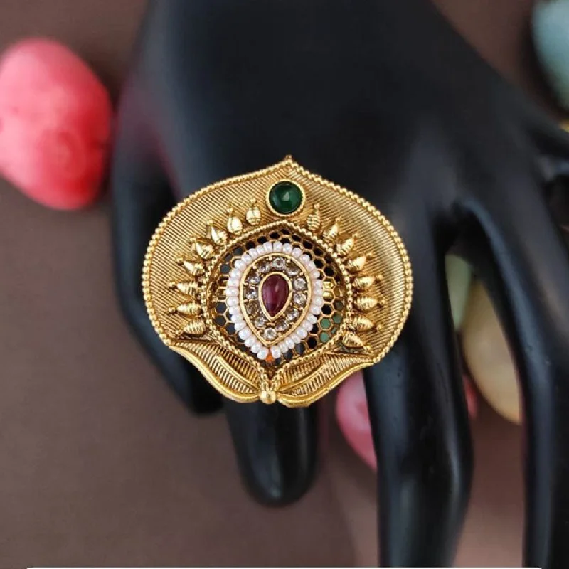 bohemian rings for women -Heera Jewellers Gold Plated Pota Stone Adjustable Ring