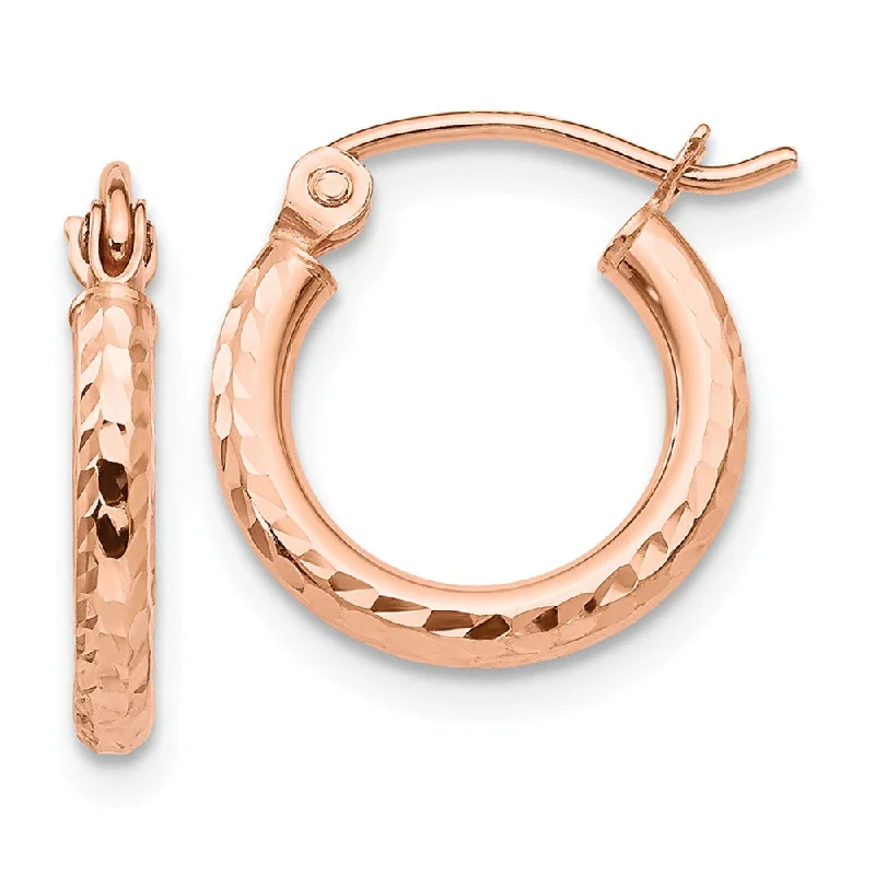 trendy aesthetic earrings for women -2mm x 13mm 14k Rose Gold Diamond-Cut Round Hoop Earrings