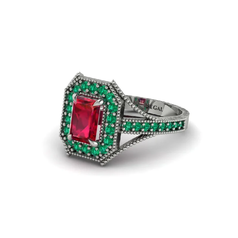 Emerald Cut Emerald Milgrain Halo Engagement Ring - Xanthe No. 27