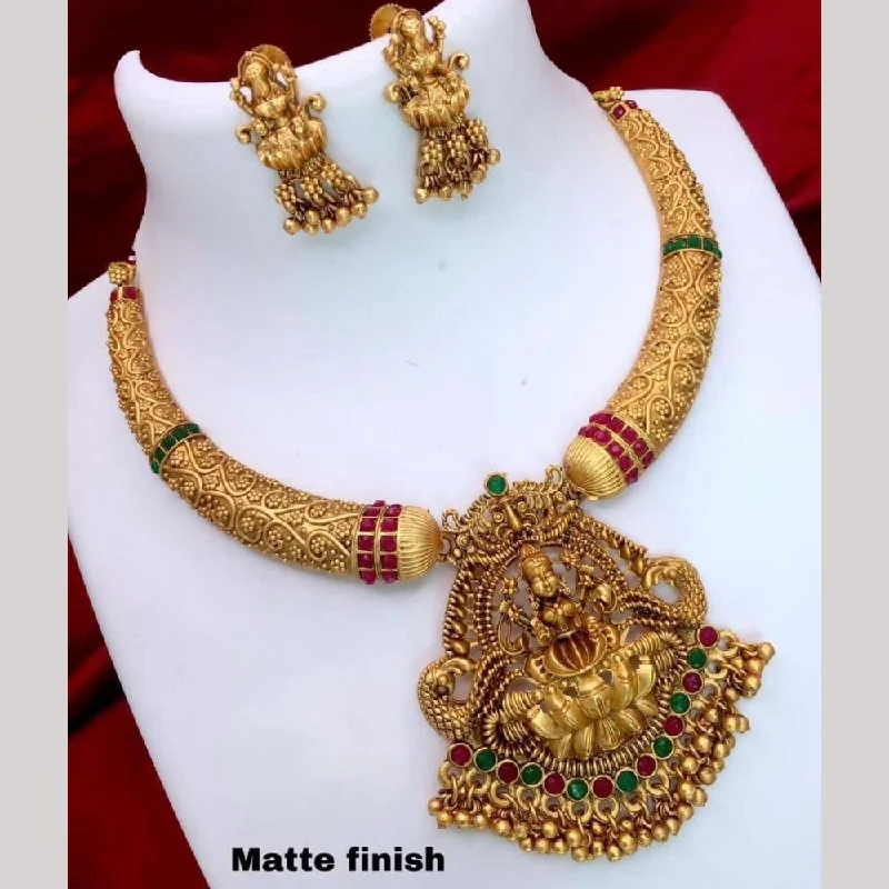 unique handcrafted necklaces -FS Collection Gold Plated Pota Stone Temple Necklace Set