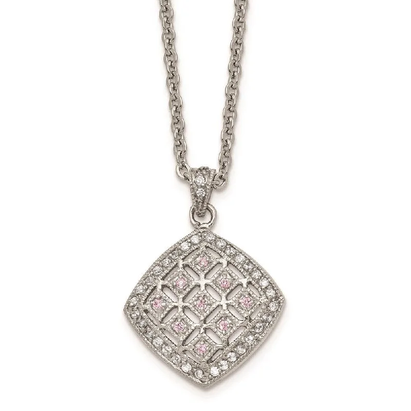 luxury necklaces for women -Stainless Steel Polished Clear and Pink CZ Square Necklace