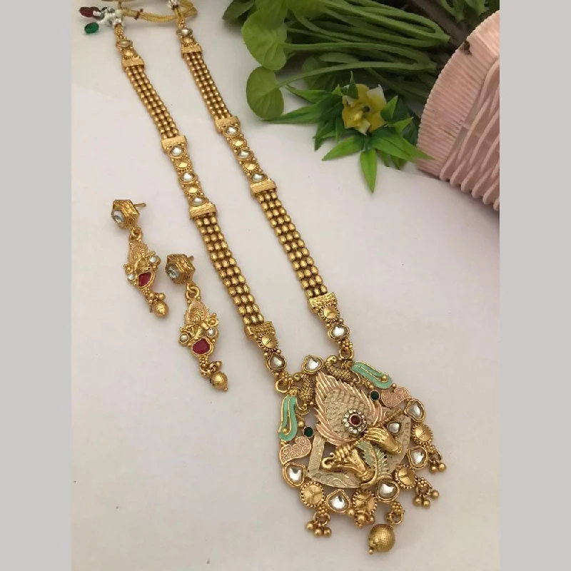 delicate necklaces for women -FS Collection Gold Plated Pota Stone Meenakari Temple Long Necklace Set