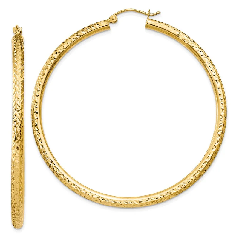 luxurious earrings for women -3mm x 55mm, 14k Yellow Gold, Diamond-cut Round Hoop Earrings