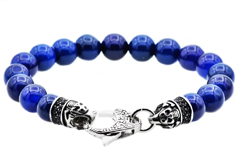 fashion bracelets for women -Mens Genuine Blue Agate Stainless Steel Beaded Bracelet With Black Cubic Zirconia