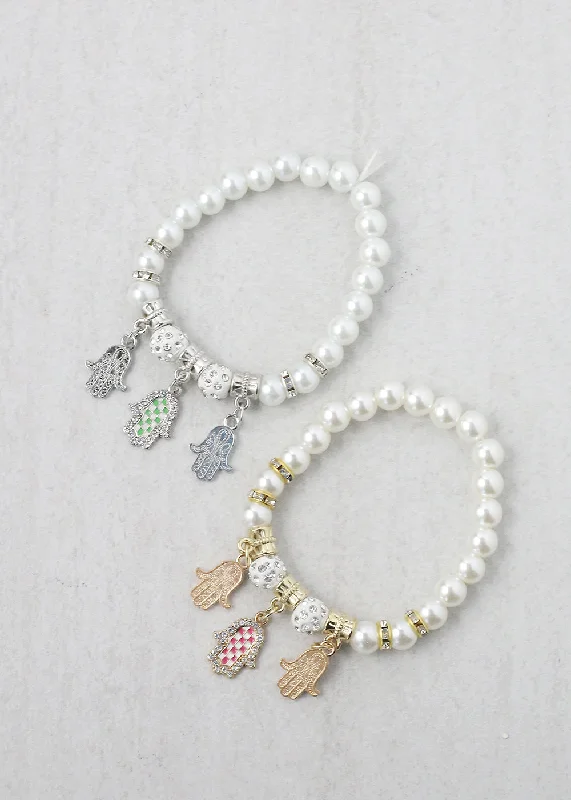 silver bracelets for women -Pearl + Hamsa Hand Bracelet