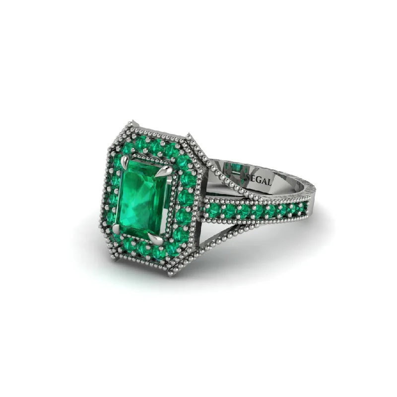 Emerald Cut Emerald Milgrain Halo Engagement Ring - Xanthe No. 21