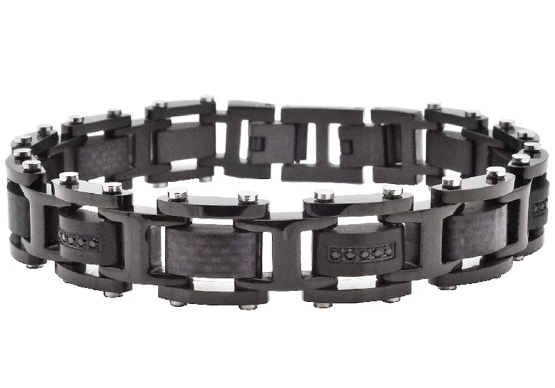 big statement bracelets for women -Men's Black Stainless Steel Bracelet With Black Carbon Fiber And Cubic Zirconia