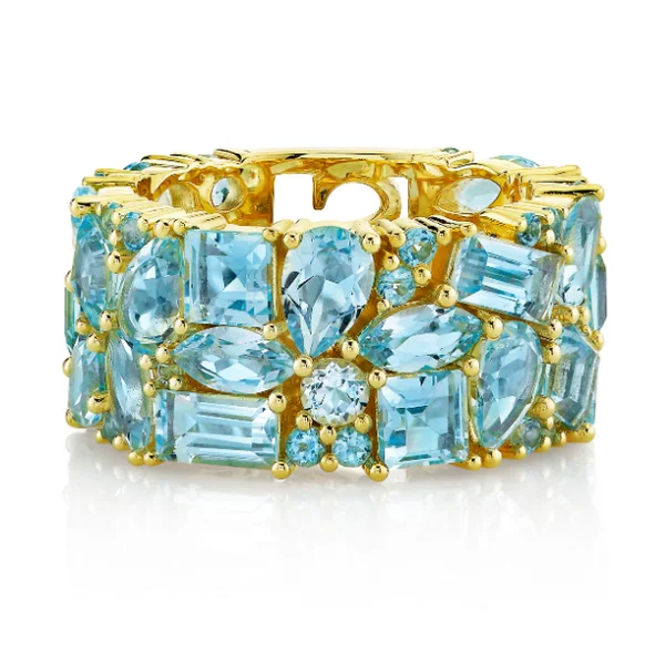 classic rings for women -18k Yellow Gold Blue Topaz Mix Shape Band