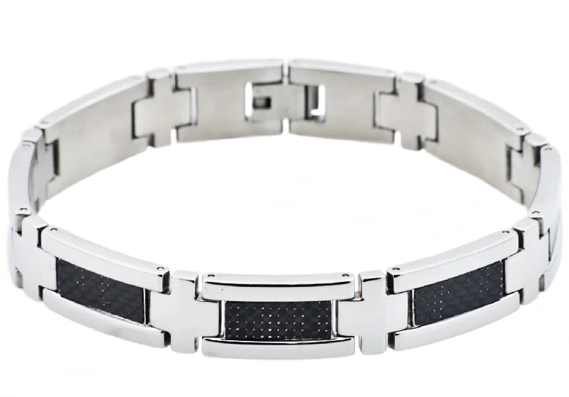 classic pearl bracelets for women -Mens Stainless Steel Bracelet With Black Carbon Fiber