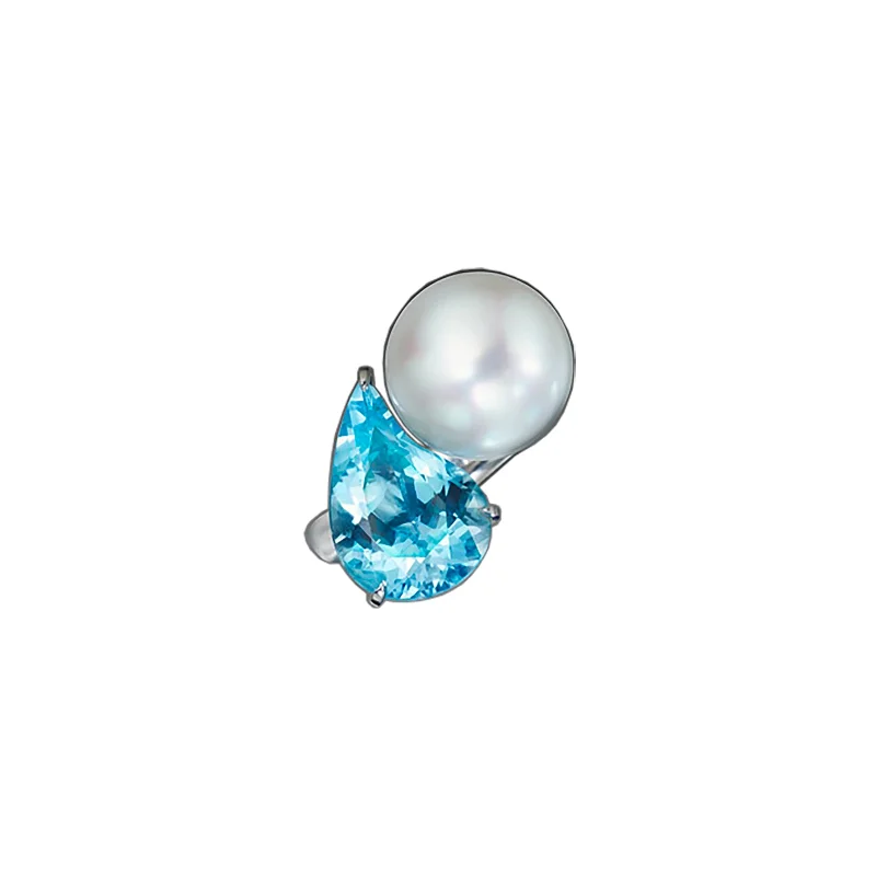 twist rings for women -Paisley South Sea Pearl & Mozambique Aquamarine Ring