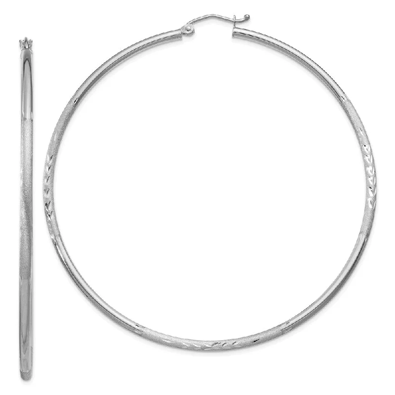 bohemian earrings for women -2mm x 65mm 14k White Gold Satin & Diamond-Cut Round Hoop Earrings