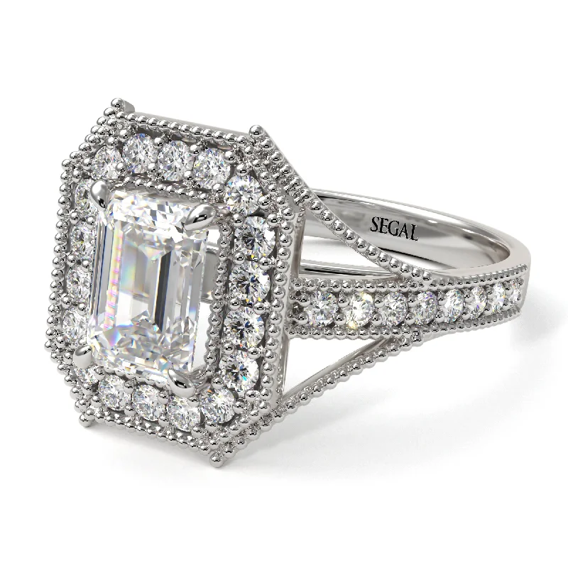 Emerald Cut Diamond Milgrain Halo Engagement Ring - Xanthe No. 3