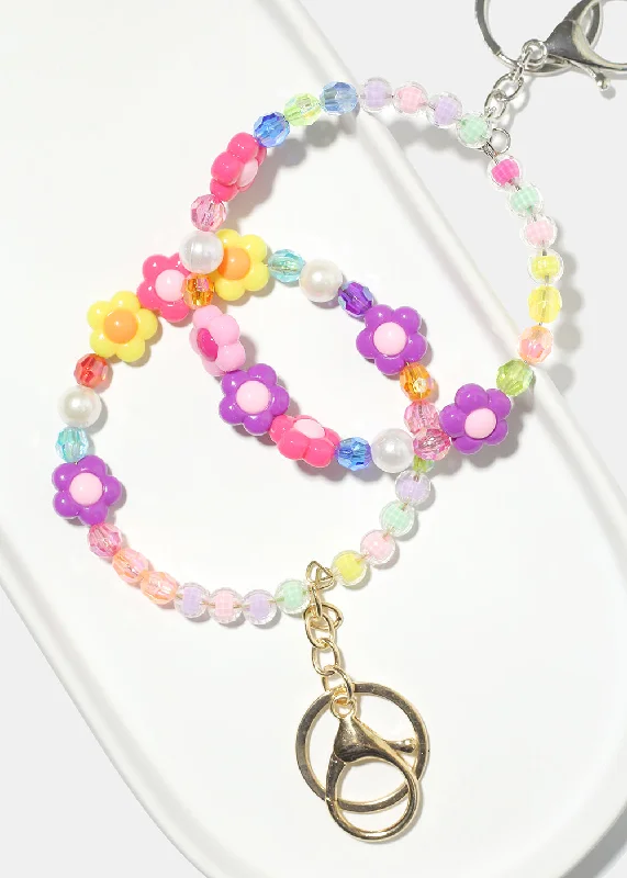 diamond bracelets for women -Pastel Flower Bead Bracelet Keychain