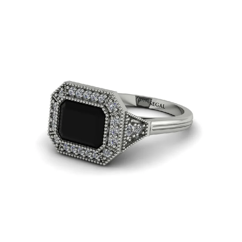 Emerald Cut Black Diamond Milgrain Halo Engagement Ring - Juniper No. 9