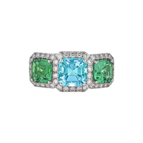 fashion rings for women -Aquamarine and Green Tourmaline Three-Stone Ring with Diamonds