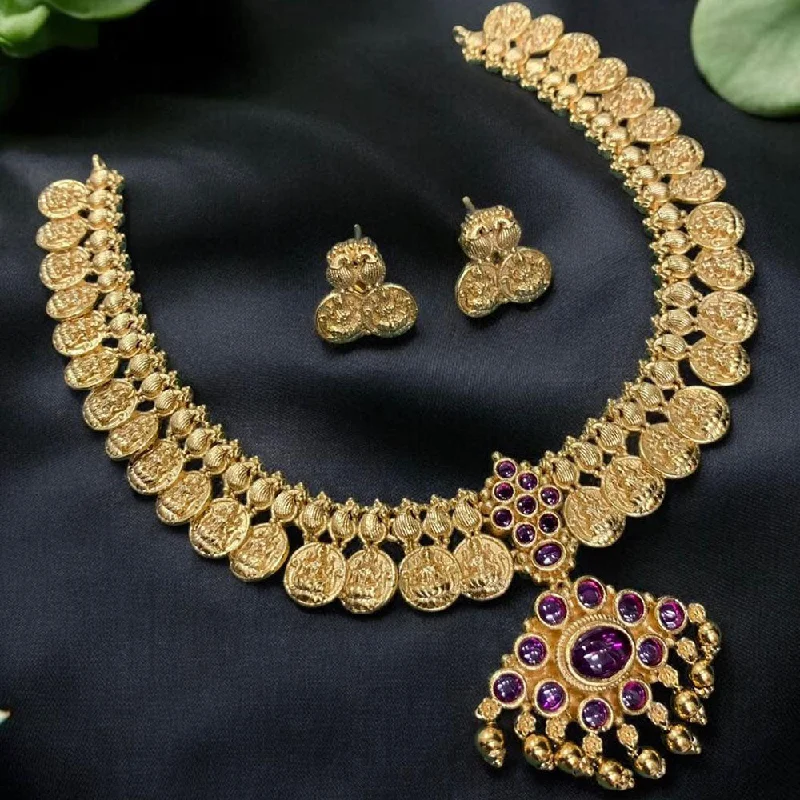 modern pearl necklaces for women -Sona Creation Gold Plated Pota Stone Temple Necklace Set