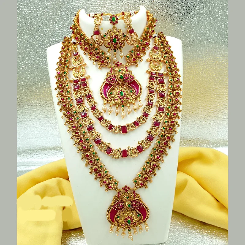 classic chain necklaces for women -Joyful Jewel Art Matte Gold Plated Pota Stone Temple Long Necklace Combo