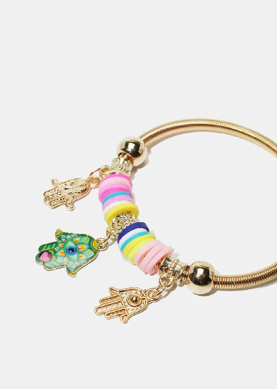 handmade bracelets for women -Colorful Hamsa Hand Charm Coil Bracelet