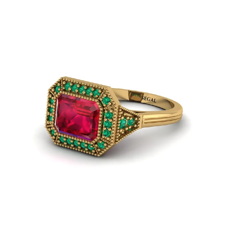 Emerald Cut Ruby Milgrain Halo Engagement Ring - Juniper No. 25