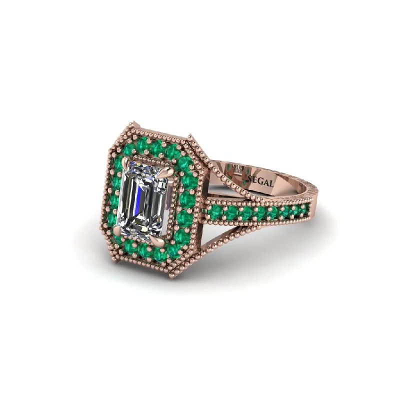 Emerald Cut Emerald Milgrain Halo Engagement Ring - Xanthe No. 17