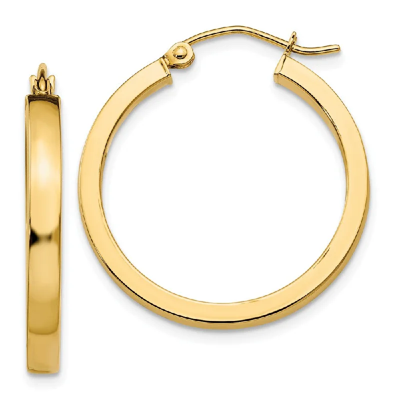 bold fashion earrings for women -Polished 14k Yellow Gold 2x3x25mm Square Tube Round Hoop Earrings