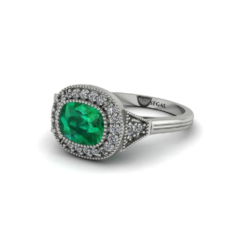 Cushion Cut Emerald Milgrain Halo Engagement Ring - Blake No. 6