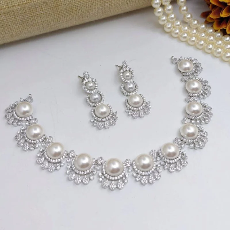 textured necklaces for women -Aamrapali Silver Plated American Diamond And Beads Necklace Set