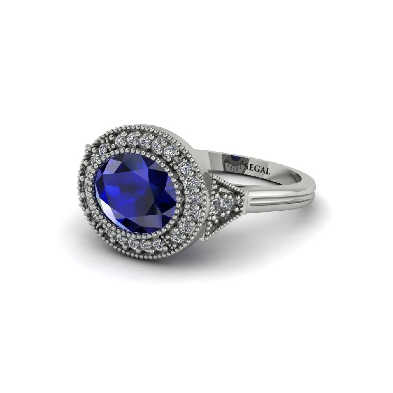 Oval Cut Sapphire Milgrain Halo Engagement Ring - Alexandria No. 15