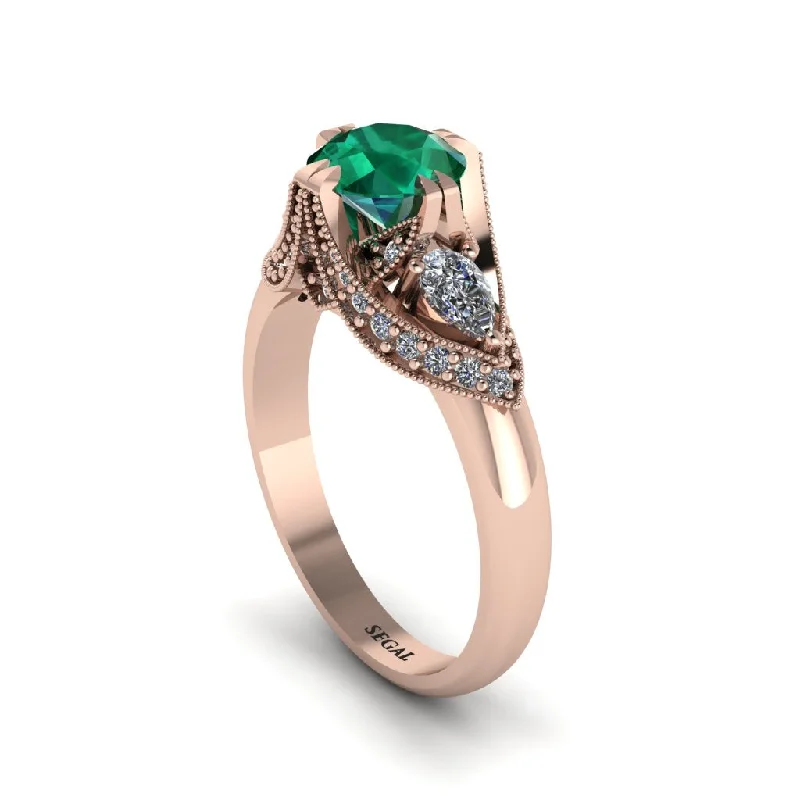 Emerald Vintage Round Cut Engagement Ring - Kali No. 5