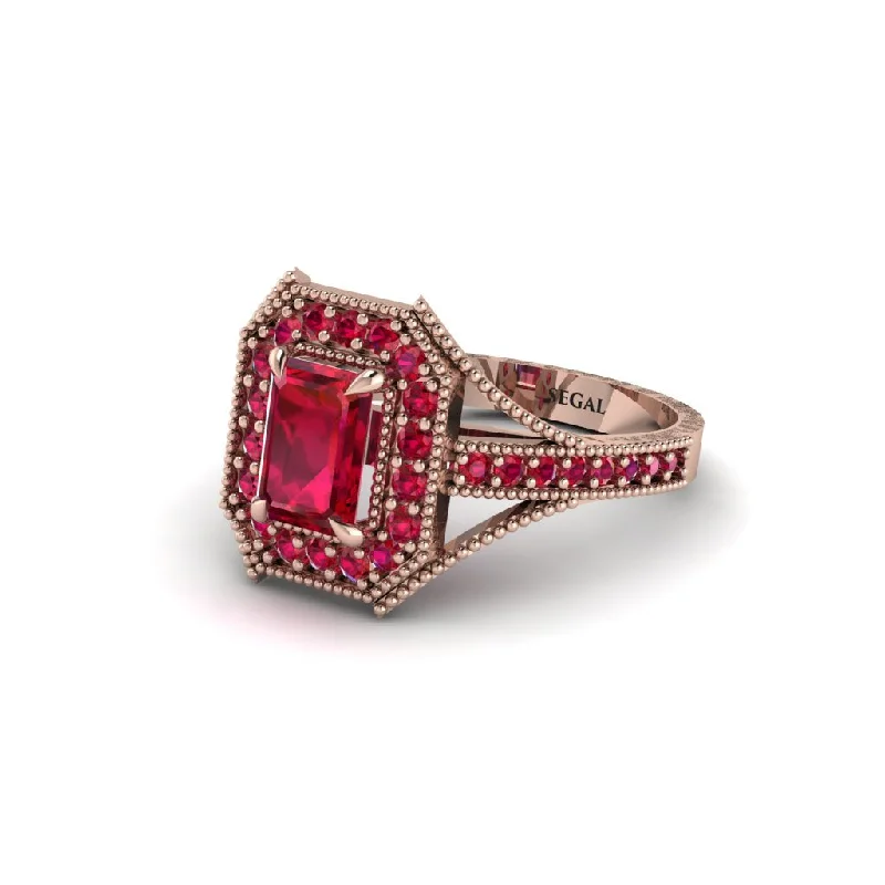 Emerald Cut Ruby Milgrain Halo Engagement Ring - Xanthe No. 56