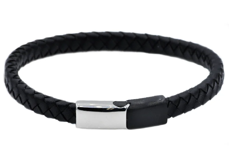 minimalist chain bracelets for women -Mens Black Leather And Black Stainless Steel Bracelet