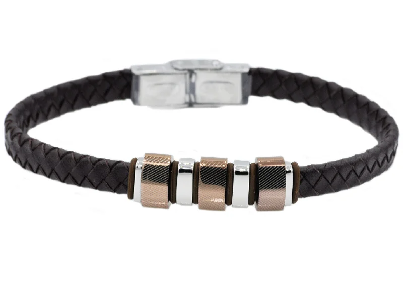 gold bracelets for women -Mens Brown Leather And Stainless Steel Bracelet