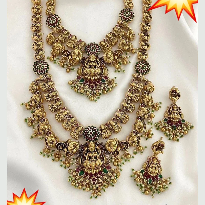 birth year necklaces for women -Manisha Jewellery Gold Plated Pota Stone And Pearls Temple Double Necklace Set