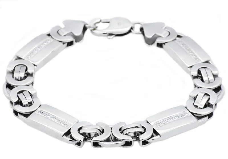 best-selling bracelets for women -Mens Stainless Steel Flat Byzantine Link Chain Bracelet With Cubic Zirconia