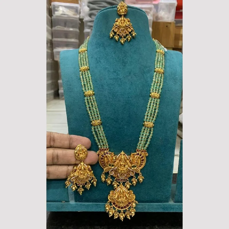 gold necklaces for women -Sona Creation Gold Plated Pota Stone And Beads Temple Long Necklace Set