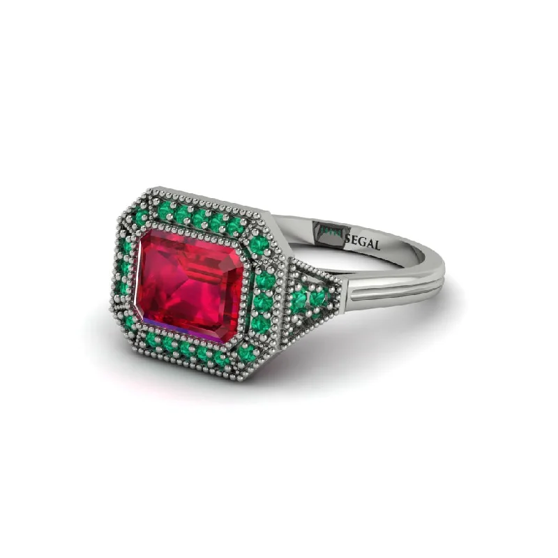 Emerald Cut Ruby Milgrain Halo Engagement Ring - Juniper No. 27