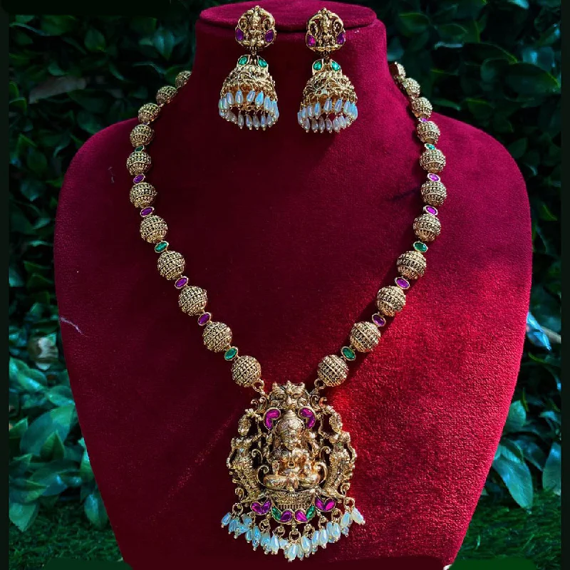 nature-inspired pendant necklaces -Royal Kundan Jewellery Gold Plated Pota Stone And Pearls Temple Necklace Set