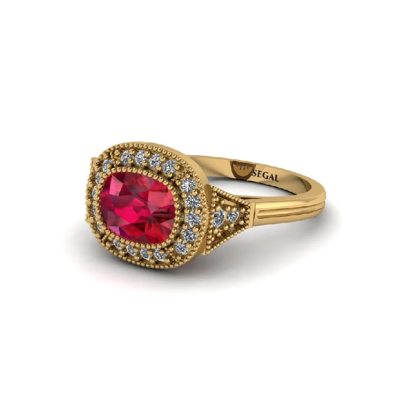 Cushion Cut Ruby Milgrain Halo Engagement Ring - Blake No. 10