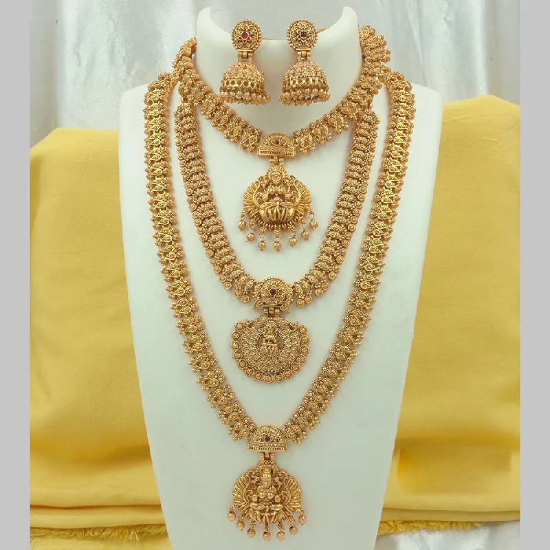 unique handcrafted necklaces -Joyful Jewel Art Matte Gold Plated Pota Stone Temple Long Necklace Combo