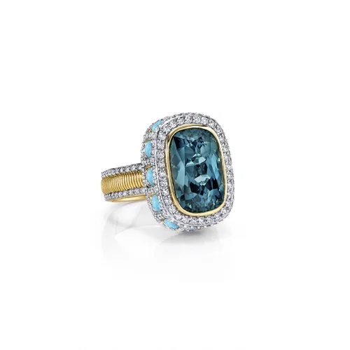 unique rings for women -18k Yellow Gold Blue Topaz & Turquoise Diamond Ring