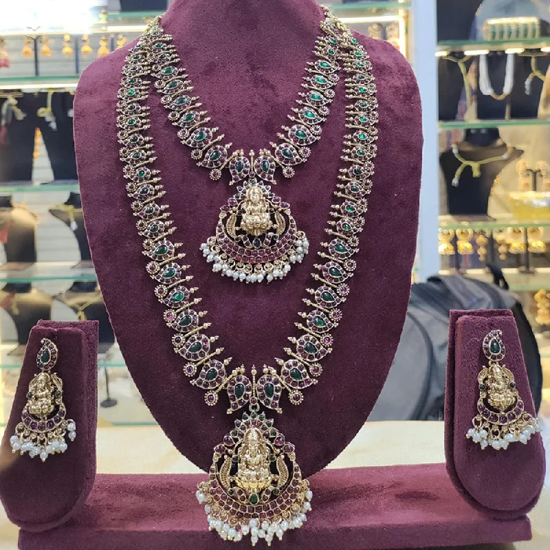 classic pearl strand necklaces -Manisha Jewellery Gold Plated Pota Stone And Pearls Temple Double Necklace Set