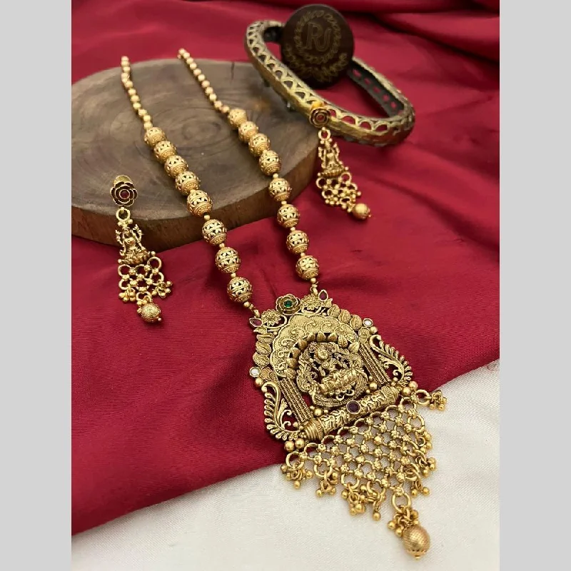 nature-inspired pendant necklaces -FS Collection Gold Plated Pota Stone And Pearls Temple Long Necklace Set